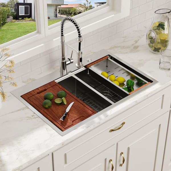33 in. Drop-in Workstation Sink Double Bowl 60/40 16-Gauge Brushed Stainless Steel Kitchen Sink with Low Divide