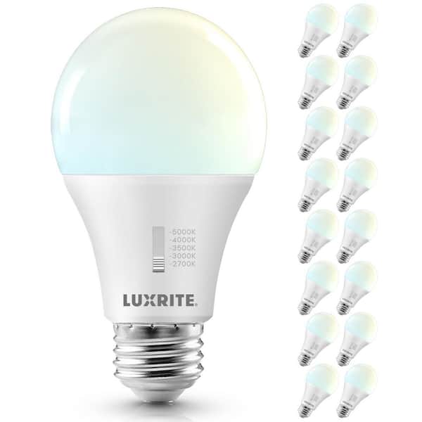 LUXRITE 100-Watt Equivalent A19 LED Light Bulb 5CCT 2700K-5K 15-Watt 1600LM LED Light Bulbs Dimmable E26 Title CA20 ETL 16-Pack