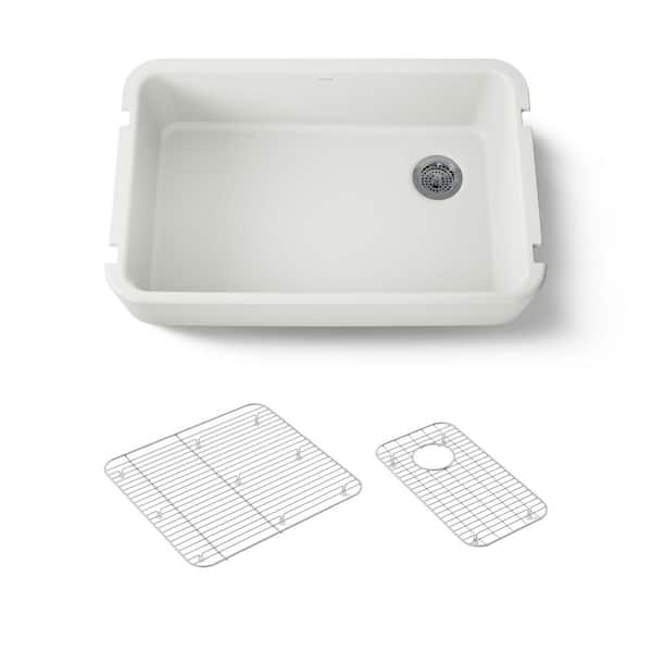 KOHLER Ironridge Cast Iron 34 in. Single Bowl Farmhouse Apron Kitchen Sink with Sink Rack in Dune