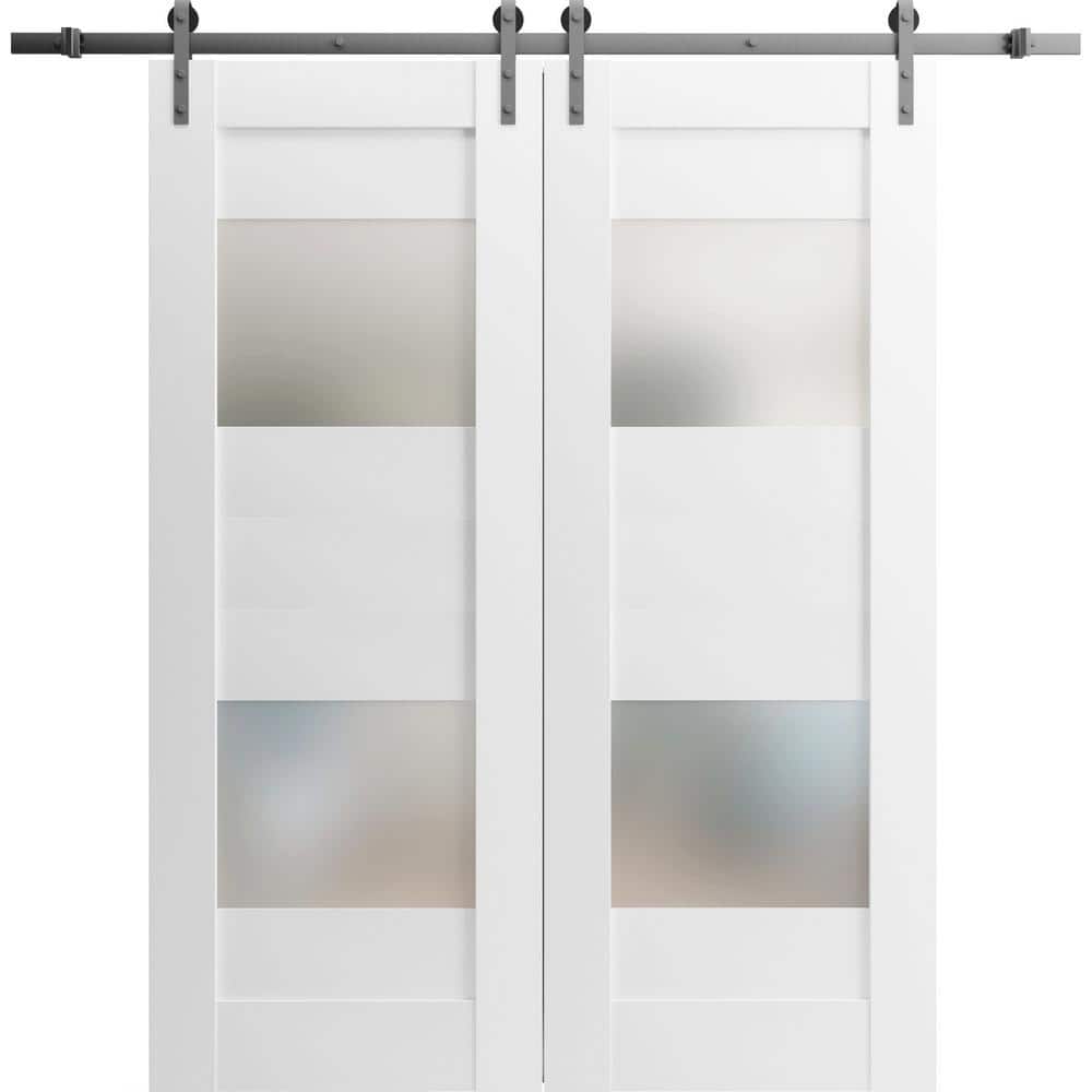 Assemble Required 24 in. x 96 in. 2 Panel Frosted Glass White Solid Wood Sliding Barn Door with Hardware Kit price history on PriceWatchPro