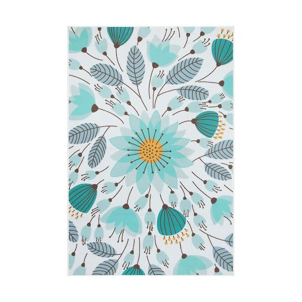 Colorful Floral Washable Non-Slip Blue 6 ft. x 9 ft. Outdoor Area Rug