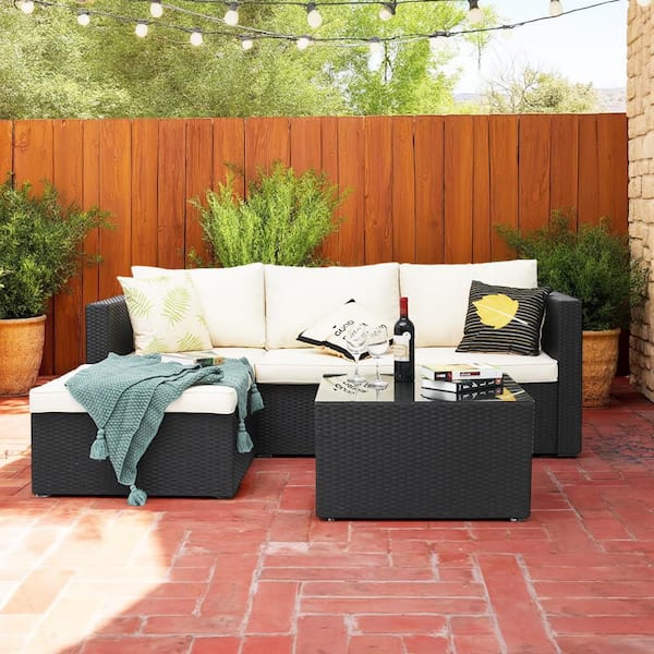 Maypex Black Steel Frame 3-Piece Wicker Outdoor Sectional Sofa Set with Beige Cushions