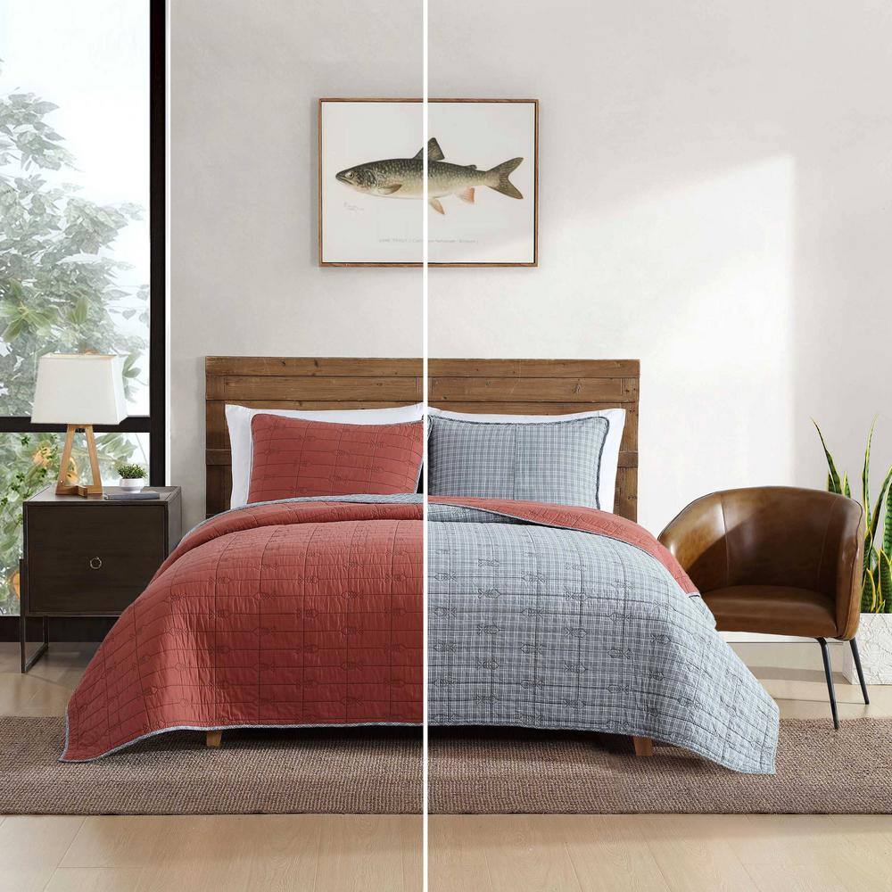 Twin Gray and Terracotta Cotton Reversible Quilt Set
