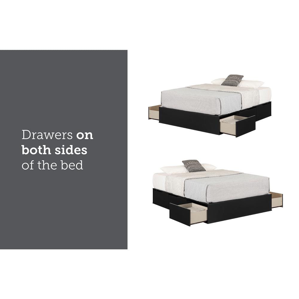 Queen Pure Black Wood Frame Upholstered Platform Bed with 6 Drawers