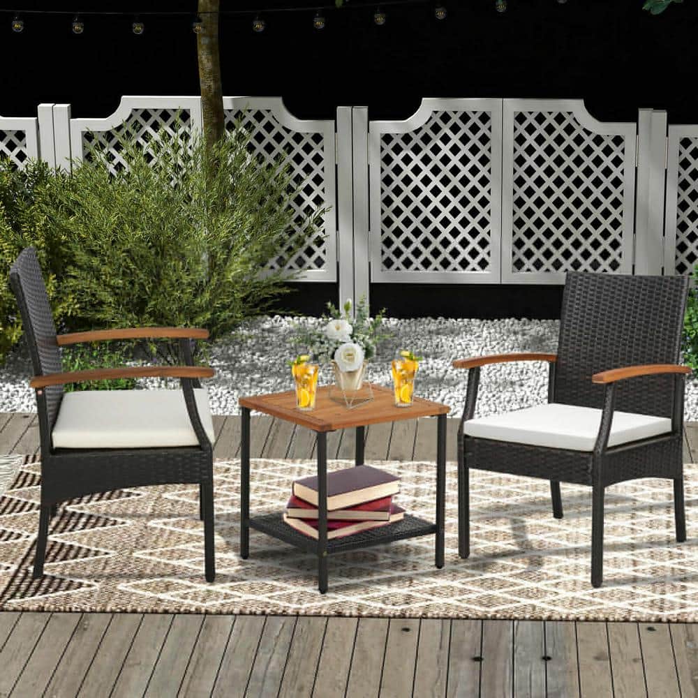Set of 4 Brown Wicker Dining Chairs with Off-White Cushions