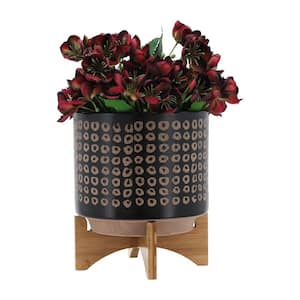 Mid-Century 10 in. Brown Ceramic Planter Pot with Wood Stand Planter