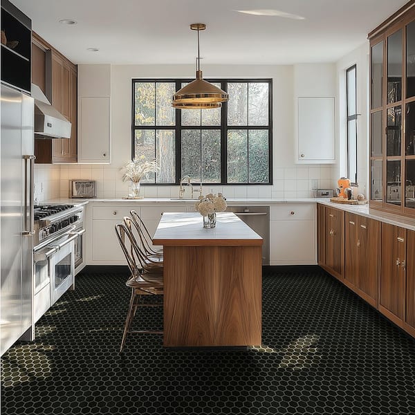 Retro Black 2 in. Hexagon 11 in. x 12 in. x 0.24 in. Matte Porcelain Mesh-Mounted Mosaic Tile (0.96 sq. ft./Each)