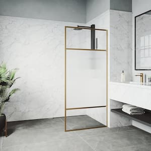 Essex 34 in. W x 74 in. H Fixed Framed Shower Door in Matte Brushed Gold with Reeded Glass