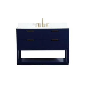 48 in. W Single Bath Vanity in Blue with Engineered Stone Vanity Top in Calacatta with White Basin with Backsplash