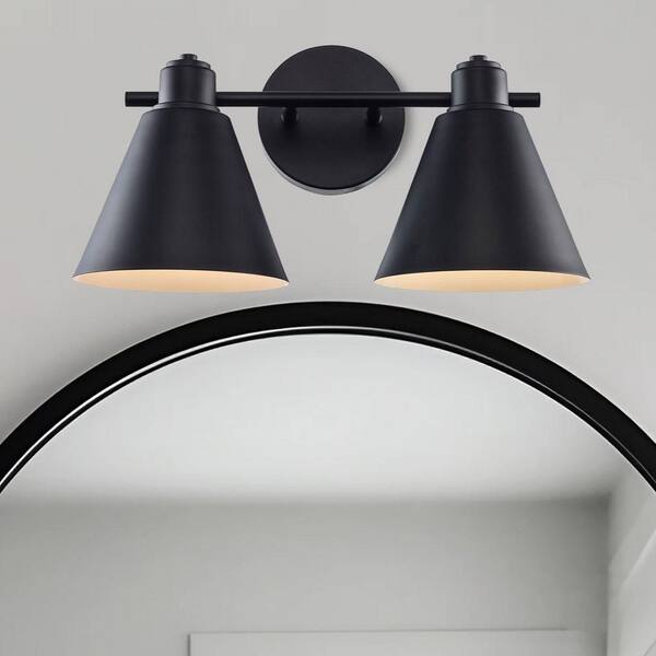 Bel Air Lighting Forge 15.5 in. 2-Light Black Bathroom Vanity Light Fixture with Metal Cone Shades