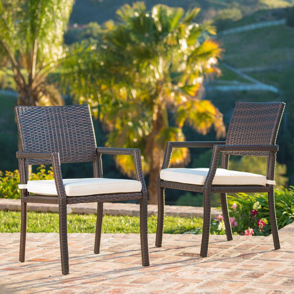 Set of 2 Brown Wicker Outdoor Dining Chairs with Cushions