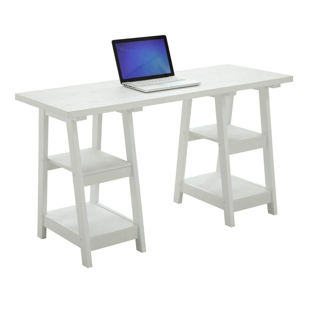 Elegant White Trestle Desk with Spacious Shelves and Ample Surface