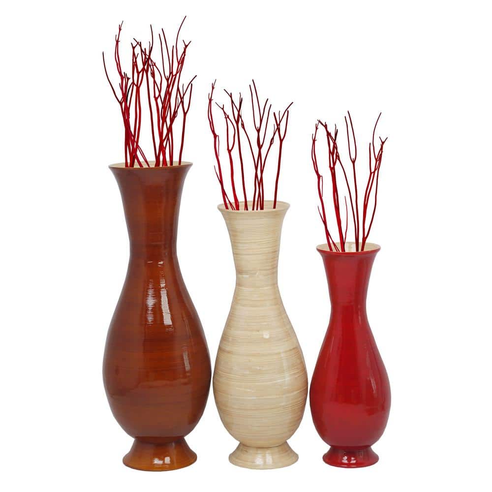 Set of 3 Tall Decorative Bamboo Floor Vases in Brown, Red, and Natural