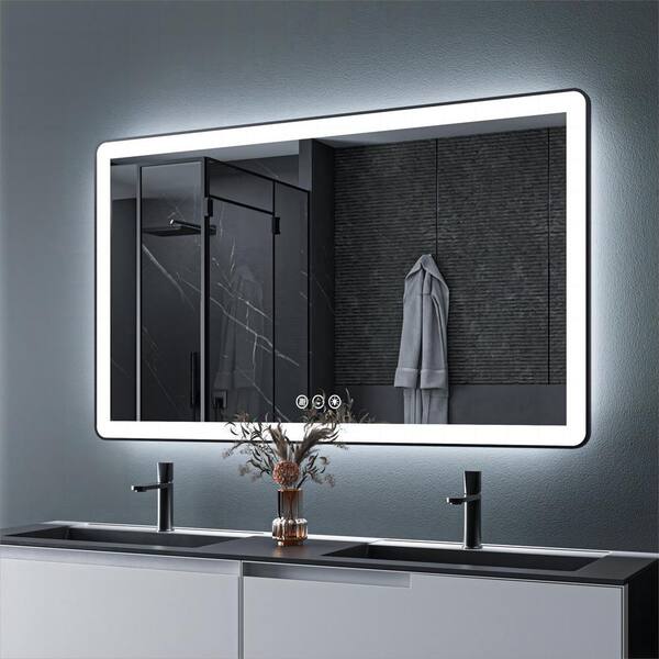 ORGANNICE 60 in. W x 36 in. H Rectangular Framed LED Anti-Fog Wall Mount Bathroom Mirror in Black with Backlit and Front Light