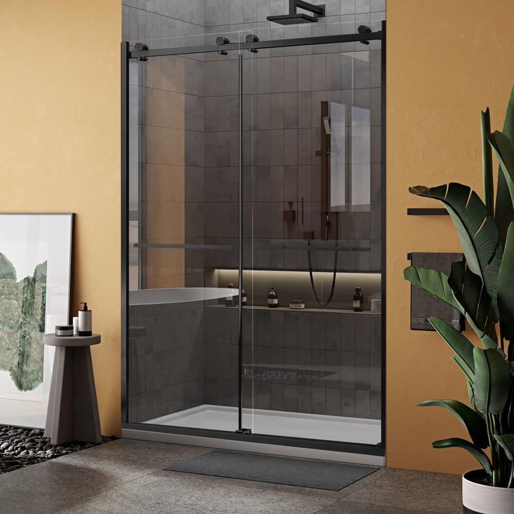 60" x 79" Matte Black Frameless Double Sliding Shower Door with Clear Glass