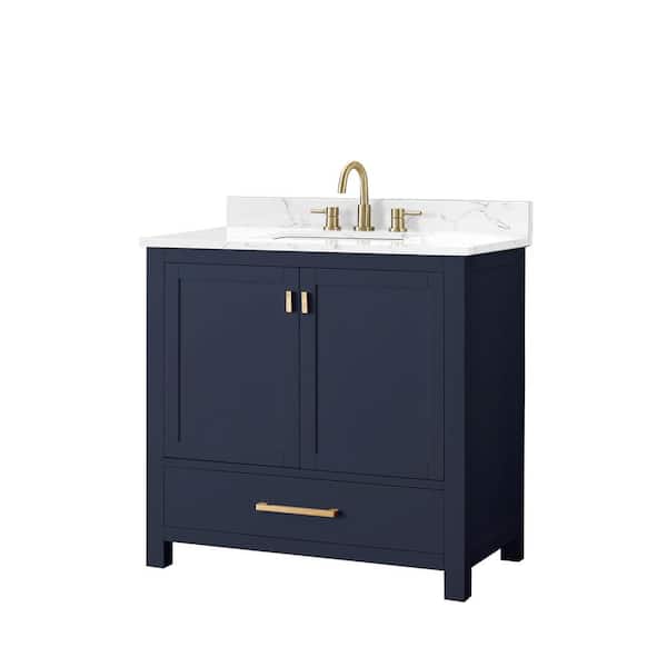 Modero 37 in. Single Sink Navy Blue Bath Vanity with Cala White Engineered Stone Top