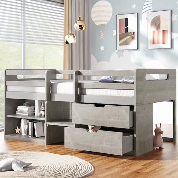 Qualler Antique Gray Twin size Loft Bed with 2-Shelves and 2-Drawers