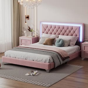 Pink Wood Frame Queen Size Velvet Upholstered Platform Bed with Tufted Headboard and LED Lights