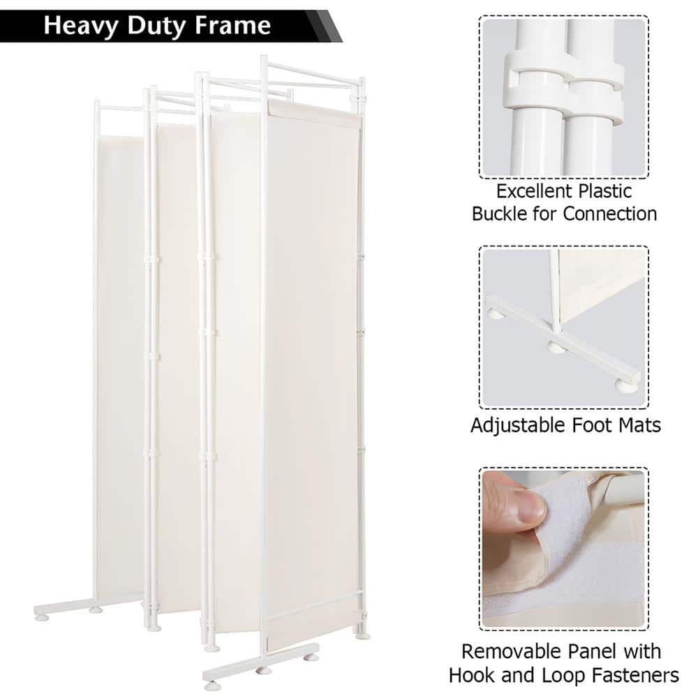 White 6-Panel Folding Privacy Screen with Metal Frame