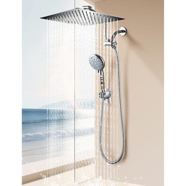 Heemli Rainfull 2-in-1 9-Spray Patterns with 1.8 GPM 12 in. Wall Mount Dual Shower Head and Handheld Shower Head in Chrome