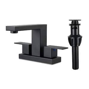 Minimalist 4 in. Centerset Double Handle Low Arc Bathroom Faucet with Drain kit Included in Matte Black