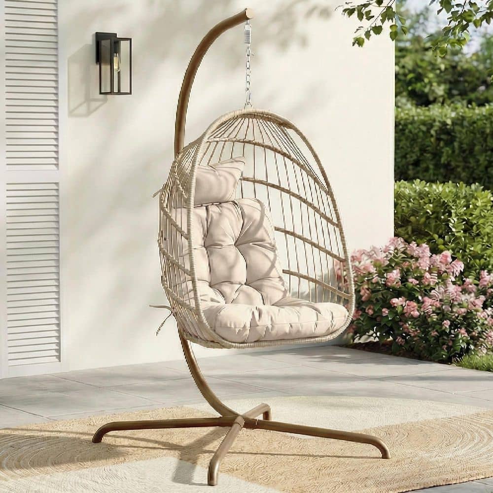 Foldable 350 lbs. 1-Person Beige Wicker Patio Swing Egg Chair with Beige Stand and Beige Cushion, Outdoor Hanging Chair