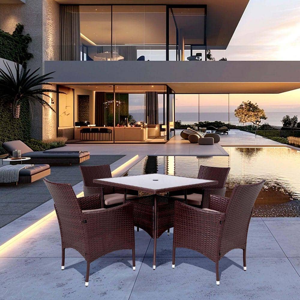 5-Piece Brown Wicker Outdoor Dining Set with Khaki Cushion, Square Table with Umbrella Cutout
