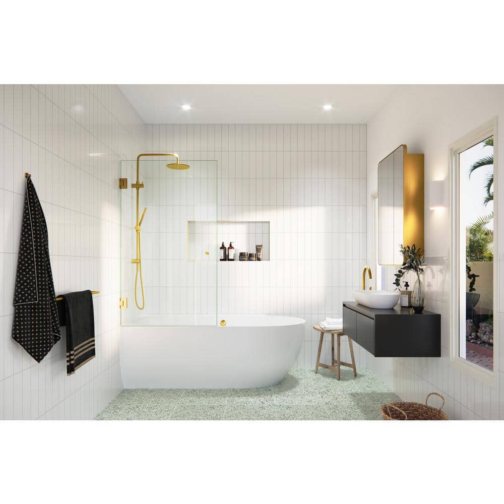 Albedo 34 in. x 58 in. Frameless Glass Bathtub Shower Door with Satin Brass Hardware