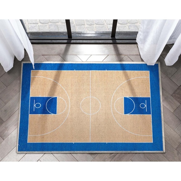 Apollo Basketball Modern Sports Tan Blue 2 ft. x 3 ft. Area Rug