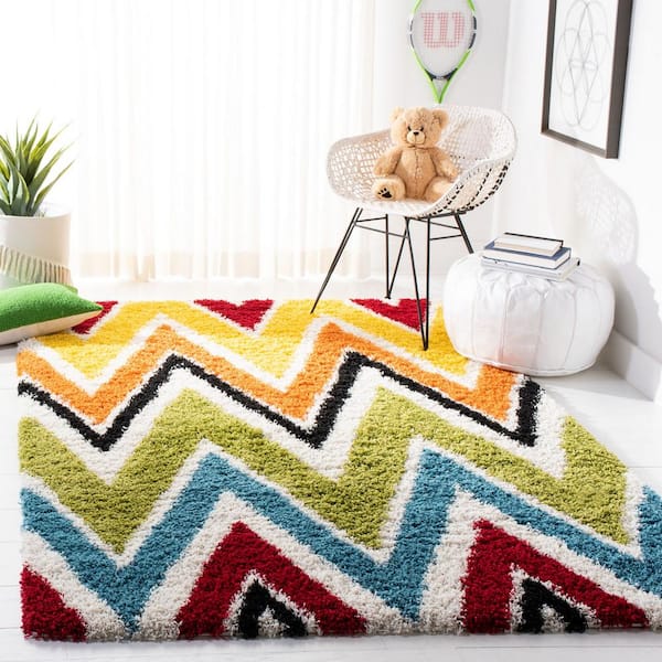 Kids Shag Ivory/Multi 5 ft. x 8 ft. Chevron Area Rug