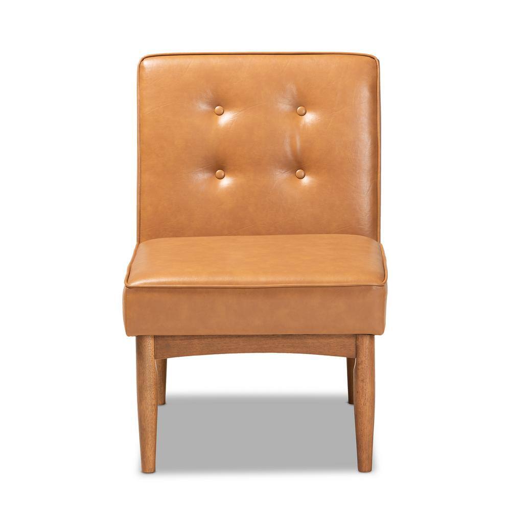 Arvid Walnut Brown Wood & Tan Faux Leather Mid-Century Side Chair