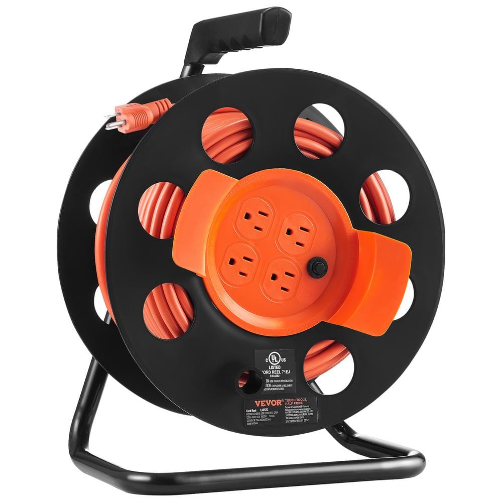 VEVOR 100 ft. 12AWG/3C 15 Amp Extension Cord Reel SJTOW Power Cord with ...