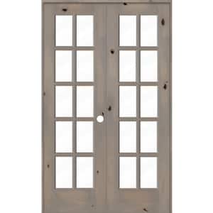 48 in. x 80 in. Knotty Alder Left-Handed 10-Lite Clear Glass Grey Stain Wood Double Prehung French Door