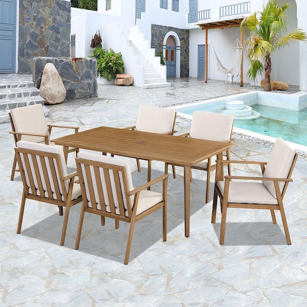 6 Pieces Aluminum Slat Outdoor Dining Chair, Arm Chair with Beige