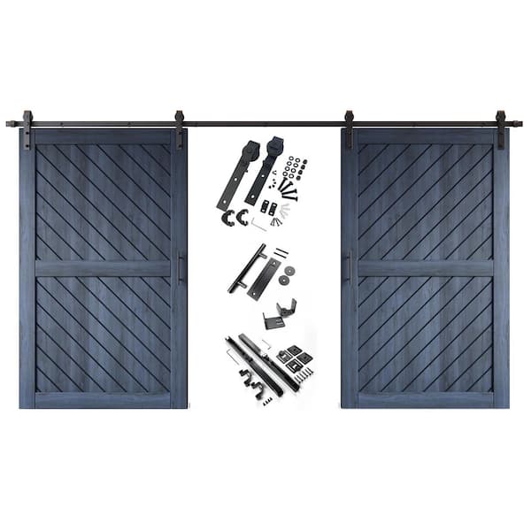 XT2 48 in. x 80 in. C-Panel Navy Slanted Stripe Design Double Pine Wood Sliding Barn Door with Hardware Kit