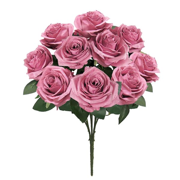 LIVING LUXURY 18 in. Mauve Pink Artificial Queen Rose Flower Stem Bush Bouquet (Set of 2)