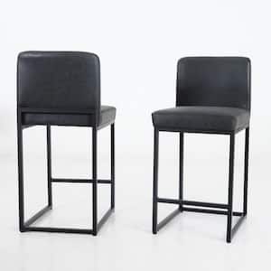 24 in. Counter Height Black PU Leather Square Bar Stool with Metal Frame, Set of 2