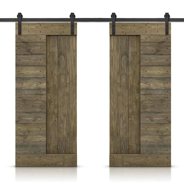 CALHOME 72 in. x 84 in. Aged Barrel Stained DIY Knotty Pine Wood Interior Double Sliding Barn Door with Hardware Kit
