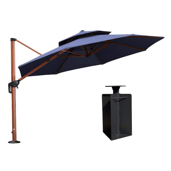PURPLE LEAF 11 ft. Sunbrella Aluminum Octagon 360° Rotation Wood Pattern Cantilever Outdoor Umbrella With Base in Ground, Navy Blue