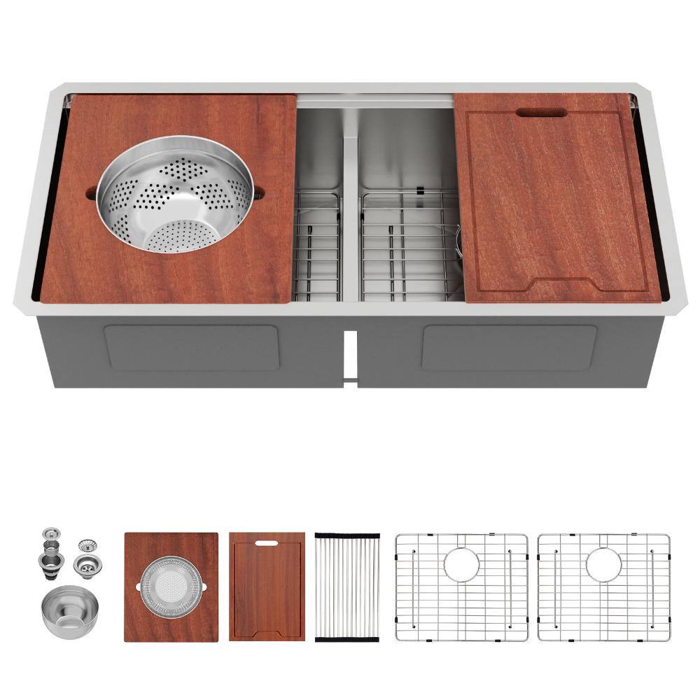 "39"" x 19"" Undermount Workstation Kitchen Sink 16 Gauge Stainless Steel Double Bowl Low Divide Sink with Mixing Bowl" price history on PriceWatchPro