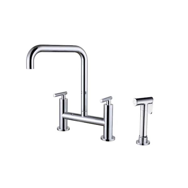 13 in. H 2-Handle Bridge Pull-Down Kitchen Faucet with Side Spray, 360° Swivel in Brushed Gold
