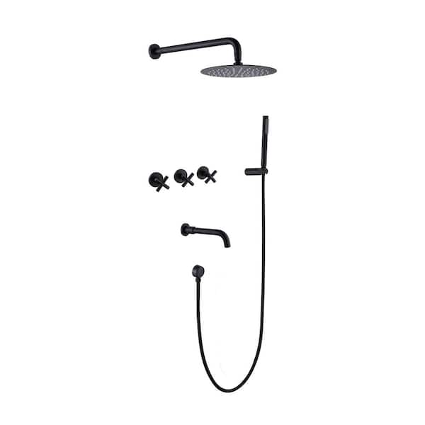 Tomfaucet Triple Handle 3-Spray Tub and Shower Faucet 1.8 GPM w/ Hand Shower and 360°Rotating Faucet in Matte Black Valve Included