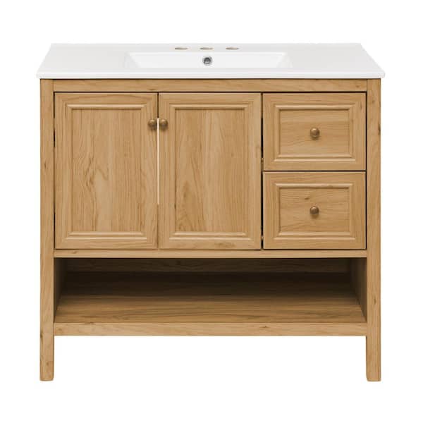 Swiss Madison Chateau 36 in. Bathroom Vanity in Brown Oak with White, 3-Hole Ceramic Sink Top