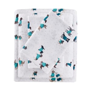 Cozy Soft 3-Piece Teal Dogs Cotton Twin Flannel Printed Sheet Set