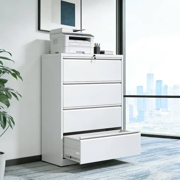 Belira Modern 4-Drawer White Metal 35.43 in. W Lateral Vertical Locking Storage File Cabinet