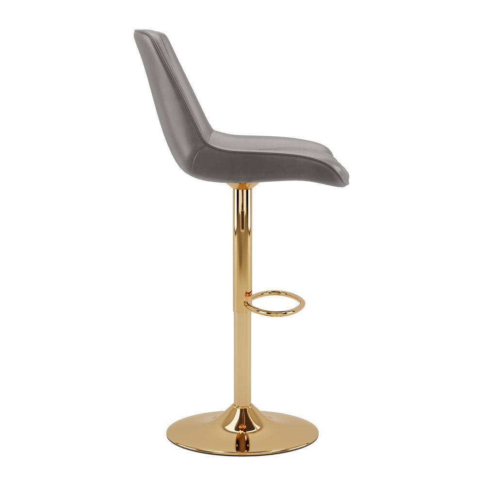 Adjustable Grey Vegan Leather Swivel Bar Stools with Gold Base - Set of 2