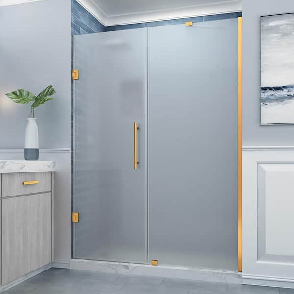 Aston Belmore 55.25 - 56.25 in. W x 72 in. H Pivot Frameless Shower Door Frosted Glass in Brushed Gold