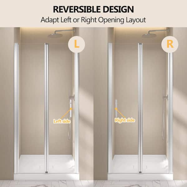 Zeafive 34 to 35-1/2 in. W x 72 in. H Frameless Bifold Shower Door Swing Pivot Small Alcove Shower Door in Chrome Clear Glass