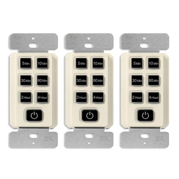 150-Watt 15 Amp Countdown Timer Switch, Push Button, Indoor, 240 Min, 1/2 HP, No Neutral Wire, Light Almond (3-Pack)