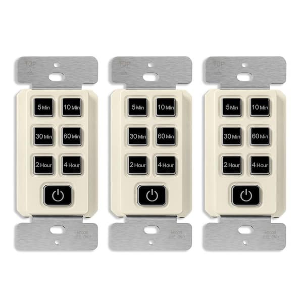 TOPGREENER 150-Watt 15 Amp Countdown Timer Switch, Push Button, Indoor, 240 Min, 1/2 HP, No Neutral Wire, Light Almond (3-Pack)